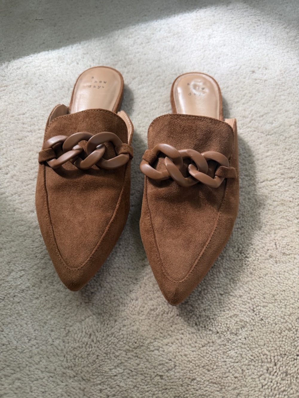 a new day Suede Pointed Chain-Trim Mules - Brown